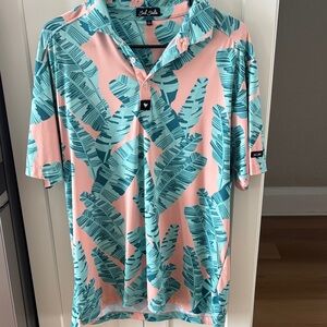 Bad Birdie Pink & Teal Tropical Leaf Polo